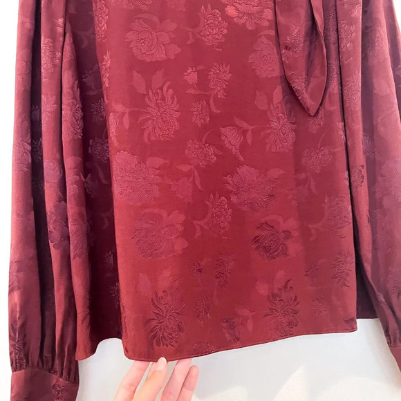Wilfred Maroon Bronze Satin Floral Tie Neck Bohemian Classic Blouse Small - Picture 5 of 11